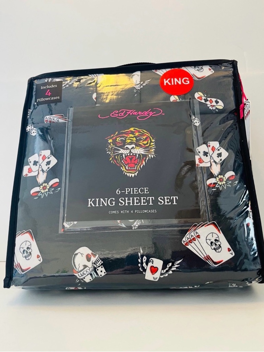 Ed Hardy 6 Piece King Size Sheet Set Lucky Skulls Dice Playing Cards